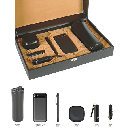 VIP Hediyelik Set - Powerbank, Defter, Kalem, USB Bellek, Hoparlör ve Kartvizitlik (6’lı Set) Siyah