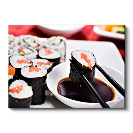 Taze Somon Sushi ve Soya Sosu Modern Sunum Kanvas Tablo