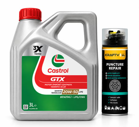 CASTROL GTX MOTOR YAĞI 20W-50 LPG 3 Litre + Lastik Tamir Kiti 400 ml