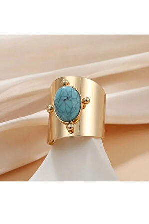 Turkuaz Taşlı Altın Kaplama Paslanmaz Çelik Ayarlanabilir Otantik Yüzük
