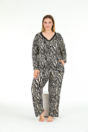 Büyük Beden Düğmeli Zebra Desen Pijama Takım