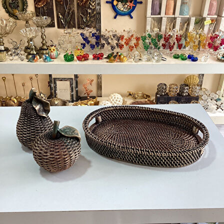 Hasır Görünümlü Polyester Elma Armut Tepsi Set Kahverengi Eskitme