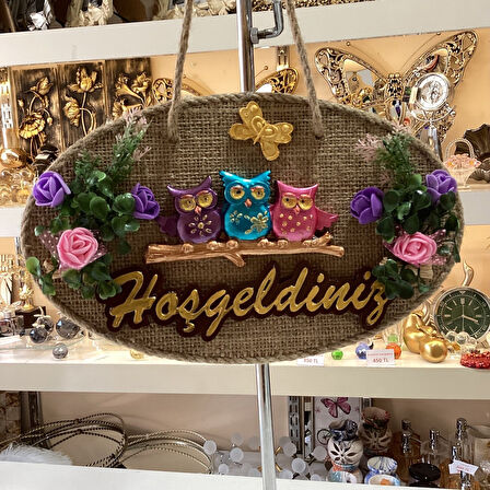 Baykuş Desenli Hoşgeldiniz Yazılı Dekoratif Kapı Süsü