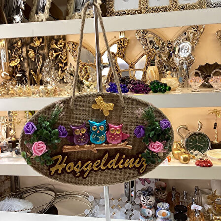 Baykuş Desenli Hoşgeldiniz Yazılı Dekoratif Kapı Süsü
