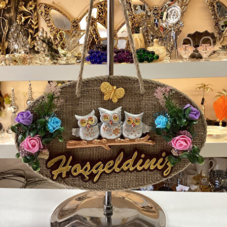 Baykuş Ailesi Desenli Hoşgeldiniz Yazılı Dekoratif Kapı Süsü