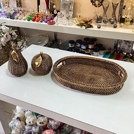 Hasır Görünümlü Polyester Elma Armut Tepsi Set Gold Renk
