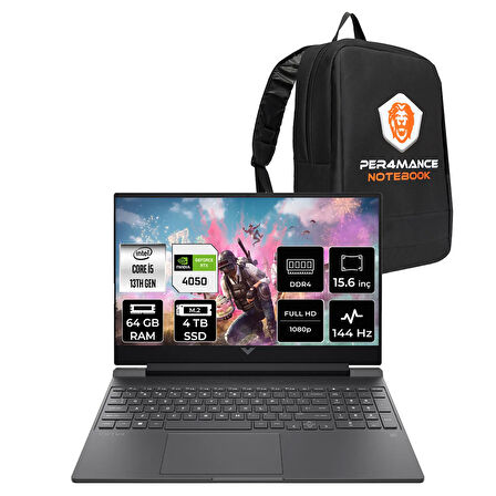 HP Victus 15 i5-13420H 64GB 4TB SSD RTX4050/6GB 144Hz 15.6'' FHD FDOS Gaming Laptop & PER4 ÇANTA