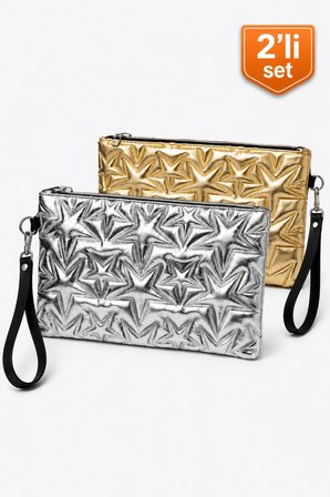 2'li Çanta Paketi Yıldız Desenli Portföy El Çantası Bilek Askılı Clutch Çanta