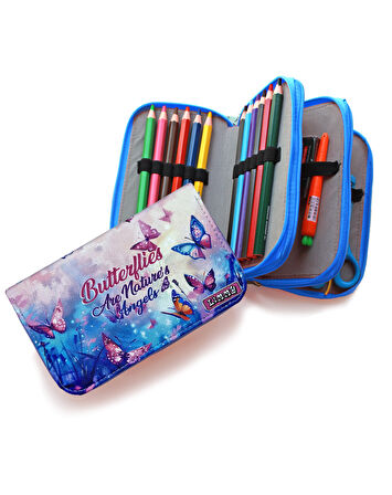 Kalem Kutusu Kelebek Kawai Organizer Kalemkutu Vegan Deri Üç Bölmeli Kalemlik -Mavi