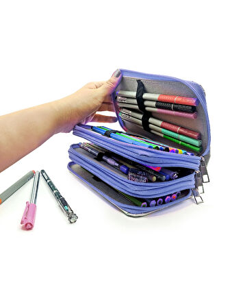 Kalem Kutusu Kelebek Kawai Organizer Kalemkutu Vegan Deri Üç Bölmeli Kalemlik -Mavi