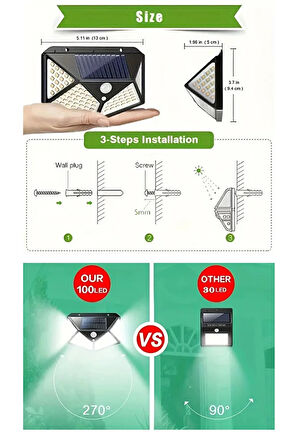 Solar Güneş Enerjili Hareket Sensörlü Duvar Lambası Bahçe Lambası 100 Ledli Su Geçirmez1 Adet
