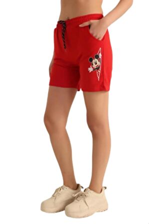 Mickey Mouse Baskılı Kadın Şort Kırmızı