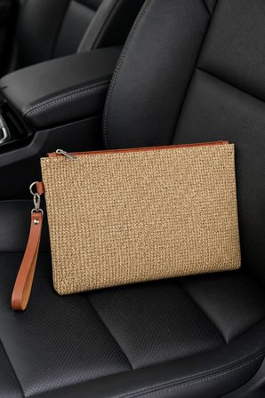 Hasır Portföy El Çantası Bilek Askılı Saten Astarlı Hasır Görünümlü Clutch Çanta