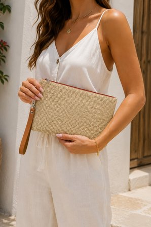 Hasır Portföy El Çantası Bilek Askılı Saten Astarlı Hasır Görünümlü Clutch Çanta