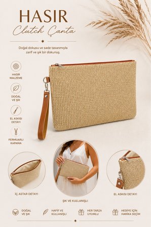 Hasır Portföy El Çantası Bilek Askılı Saten Astarlı Hasır Görünümlü Clutch Çanta