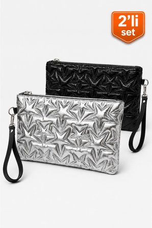 2'li Çanta Paketi Yıldız Desenli Portföy El Çantası Bilek Askılı Clutch Çanta