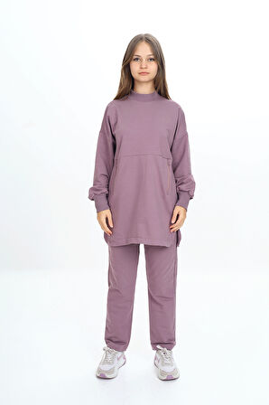 Kız Çocuk İki İp Kumaş Yarım Balıkçı Yaka Uzun Kol Eşofman Takımı