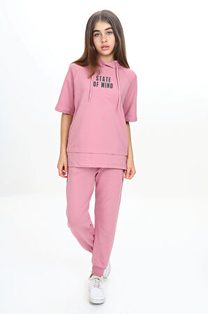 Kız Çocuk İki İp Kumaş Kısa Kollu Kapüşonlu Eşofman Takımı