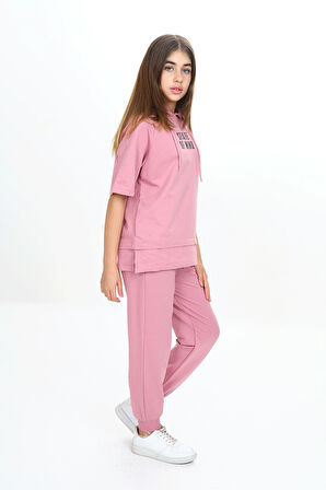 Kız Çocuk İki İp Kumaş Kısa Kollu Kapüşonlu Eşofman Takımı