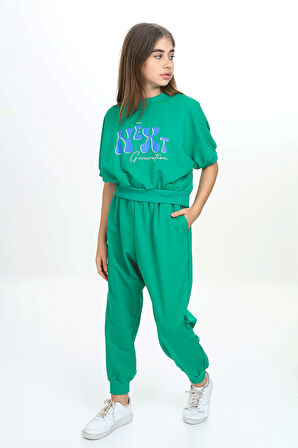 Kız Çocuk Bisiklet Yaka Baskılı Kısa Kollu Eşofman Takımı