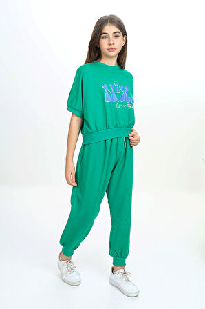 Kız Çocuk Bisiklet Yaka Baskılı Kısa Kollu Eşofman Takımı