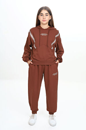 Kız Çocuk İki İp Kumaş Tiktak Şerit Kapüşonlu Eşofman Takımı