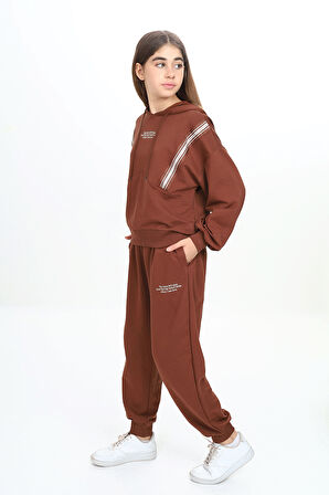 Kız Çocuk İki İp Kumaş Tiktak Şerit Kapüşonlu Eşofman Takımı