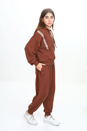 Kız Çocuk İki İp Kumaş Tiktak Şerit Kapüşonlu Eşofman Takımı