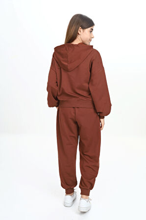 Kız Çocuk İki İp Kumaş Tiktak Şerit Kapüşonlu Eşofman Takımı