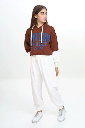 Kız Çocuk İki İp Baskılı Kapüşonlu Eşofman Takımı