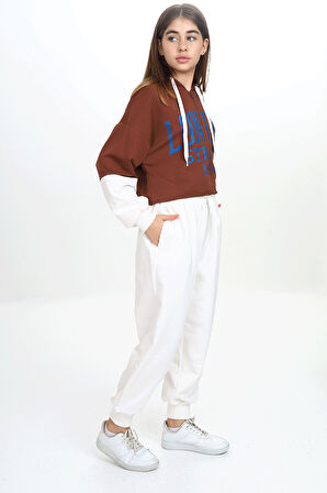 Kız Çocuk İki İp Baskılı Kapüşonlu Eşofman Takımı