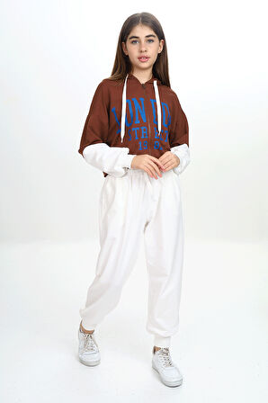 Kız Çocuk İki İp Baskılı Kapüşonlu Eşofman Takımı