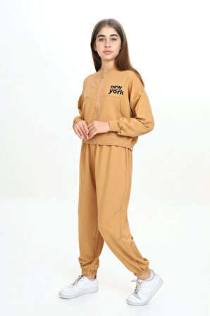 Kız Çocuk Fermuarlı V Yaka Baskılı Eşofman Takımı