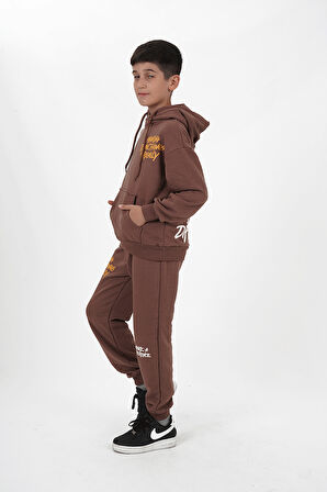 Erkek Çocuk Üç İplik Şardonsuz Kumaş Baskılı Kapüşonlu Eşofman Takımı