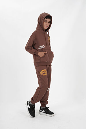 Erkek Çocuk Üç İplik Şardonsuz Kumaş Baskılı Kapüşonlu Eşofman Takımı