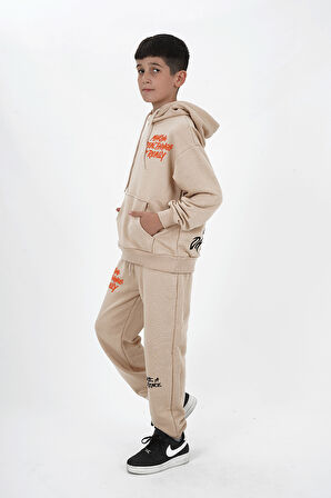 Erkek Çocuk Üç İplik Şardonsuz Kumaş Baskılı Kapüşonlu Eşofman Takımı