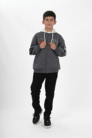 Erkek Çocuk Üç İplik Baskılı Kapüşonlu Kolej Ceket