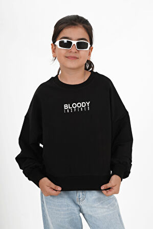 Kız Çocuk İki İp Kumaş Bisiklet Yakalı Baskılı Sweatshirt