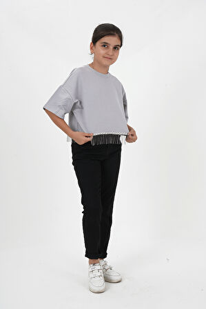 Kız Çocuk İki İplik Etek Ucu Püsküllü Zincirli Kısa Kollu Tshirt