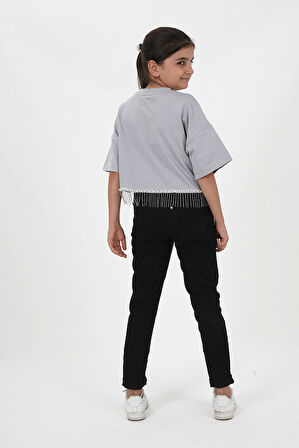 Kız Çocuk İki İplik Etek Ucu Püsküllü Zincirli Kısa Kollu Tshirt