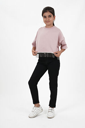 Kız Çocuk İki İplik Etek Ucu Püsküllü Zincirli Kısa Kollu Tshirt