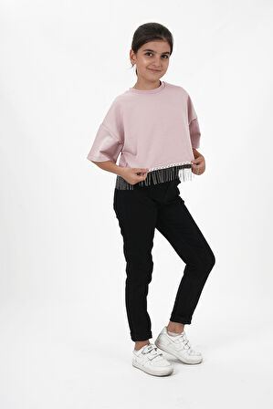 Kız Çocuk İki İplik Etek Ucu Püsküllü Zincirli Kısa Kollu Tshirt
