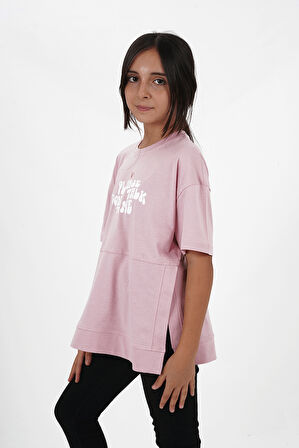 Kız Çocuk Süprem Kumaş Yandan Yırtmaçlı Baskılı Tshirt