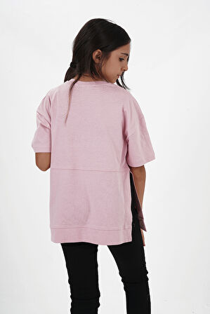 Kız Çocuk Süprem Kumaş Yandan Yırtmaçlı Baskılı Tshirt