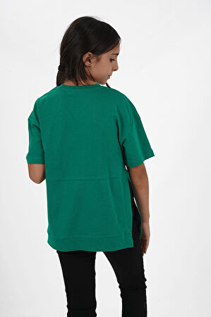 Kız Çocuk Süprem Kumaş Yandan Yırtmaçlı Baskılı Tshirt