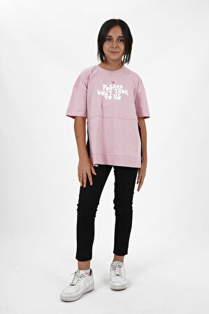 Kız Çocuk Süprem Kumaş Yandan Yırtmaçlı Baskılı Tshirt