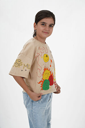 Kız Çocuk Bej Süprem Kumaş Bisiklet Yaka Baskılı Tshirt