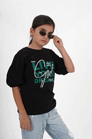 Kız Çocuk Süprem Kumaş Bisiklet Yaka Baskılı Tshirt