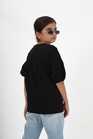 Kız Çocuk Süprem Kumaş Bisiklet Yaka Baskılı Tshirt