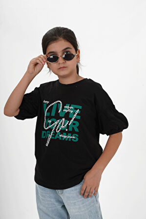 Kız Çocuk Süprem Kumaş Bisiklet Yaka Baskılı Tshirt